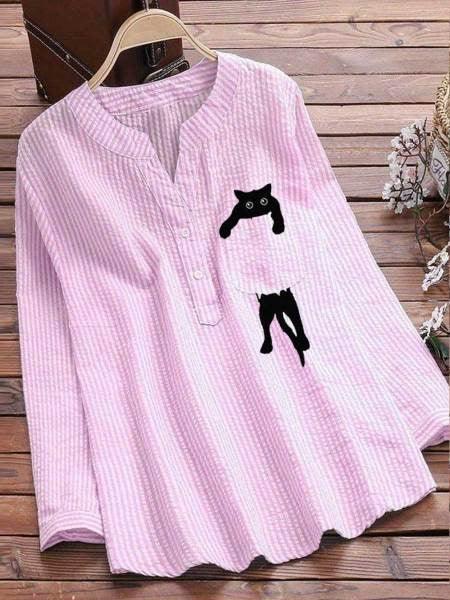 Women's Striped Cotton And Linen Pocket Printed Casual V-neck Long Sleeve Shirt CJDROPSHIPPING