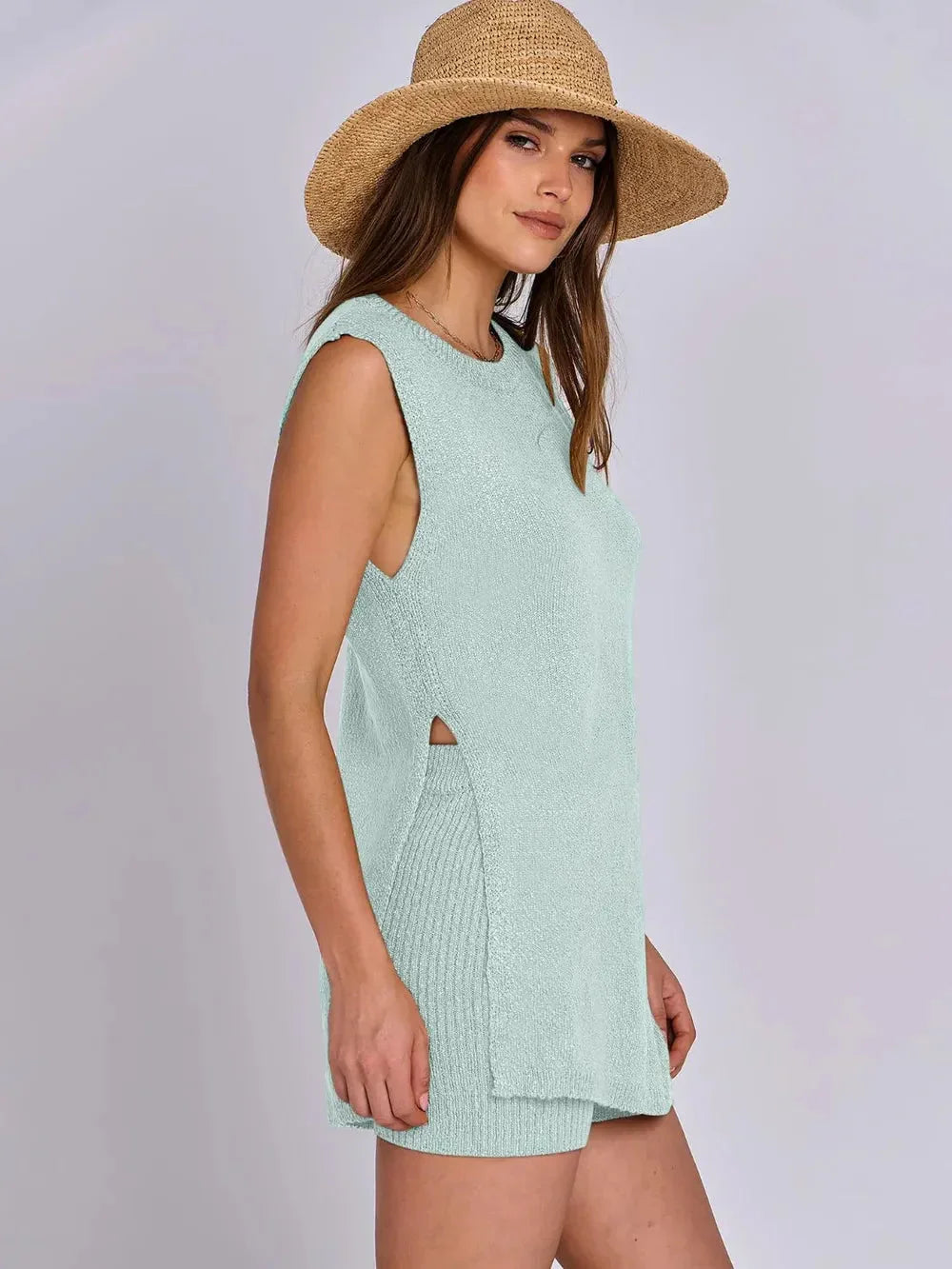 Spring and summer fashion casual knitted sleeveless shorts and woolen clothing set eprolo