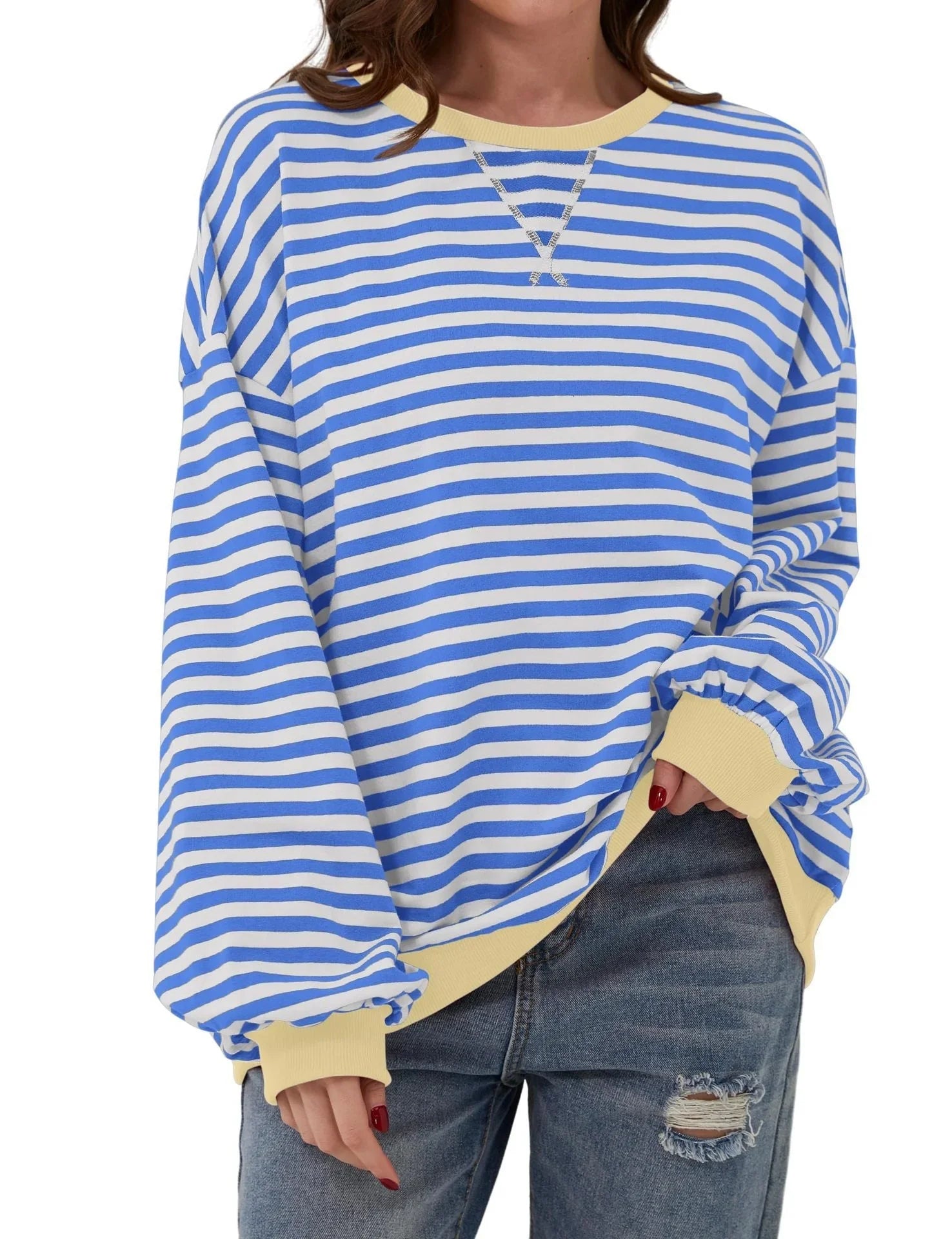 Simple new striped round-neck trendy long-sleeve pullover color-block T-shirt for home and casual wear eprolo