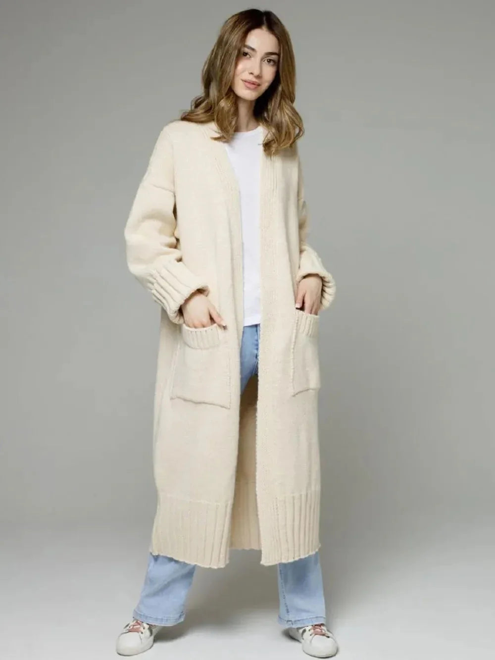 Pocketed Open Front Dropped Shoulder Cardigan eprolo