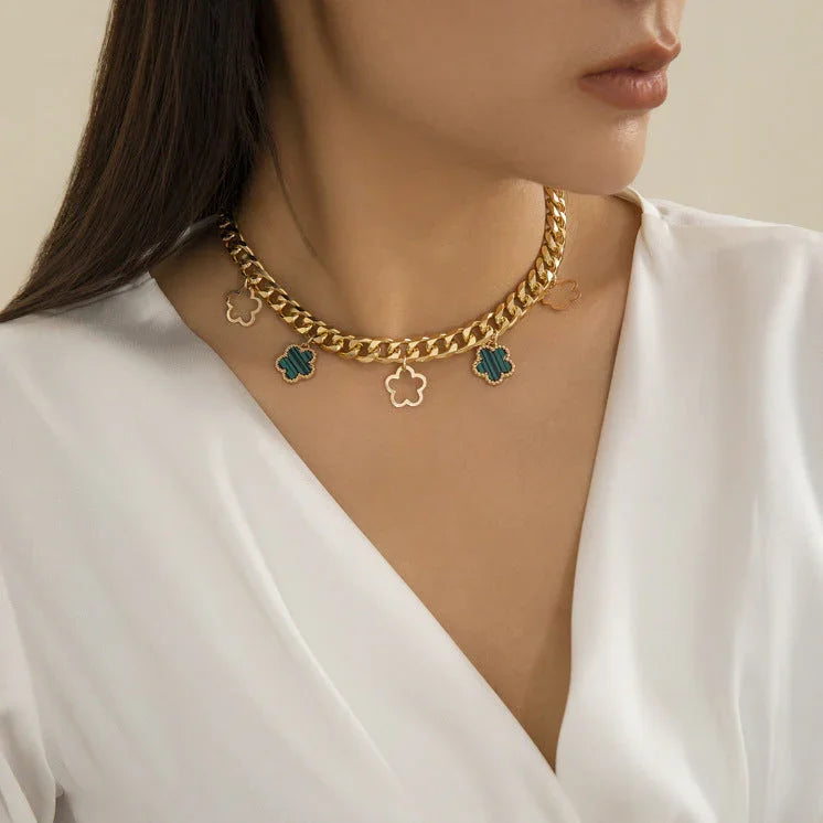 French elegant five leaf clover minimalist style necklace with sweet turquoise patterned flowers necklaces eprolo