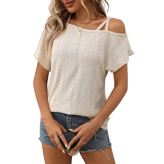 European and American one shoulder short sleeved T-shirt hollowed out top for women - Johns Direct