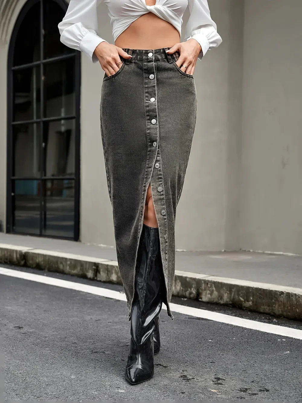 Retro and trendy multi button denim skirt eprolo
