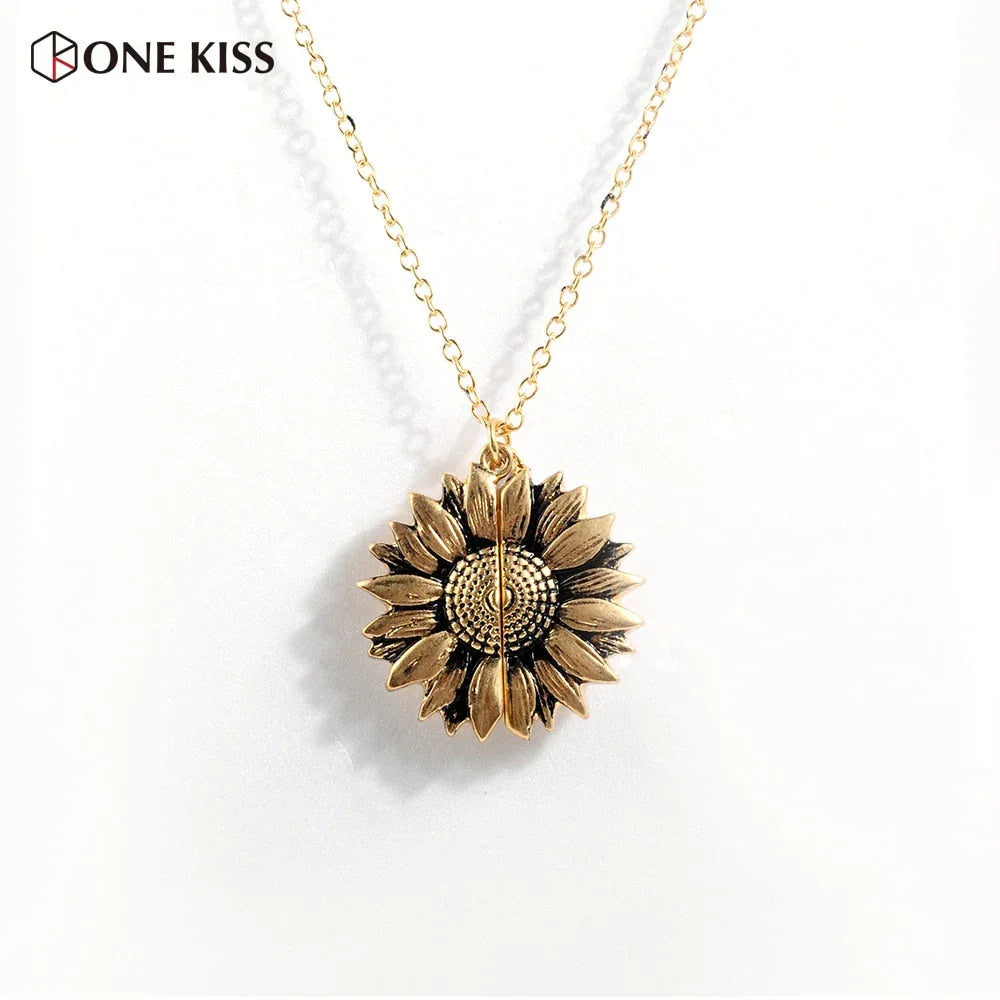 Vintage Sunflower Locket Pendant Necklace Bohemia female Gold Silver Open Engrave letter Necklaces Lover Gift eprolo