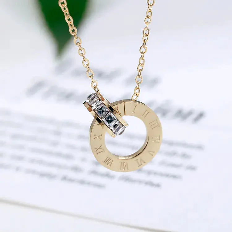 18K Rose Gold Titanium Steel Diamond Ring Necklace ZENDROP