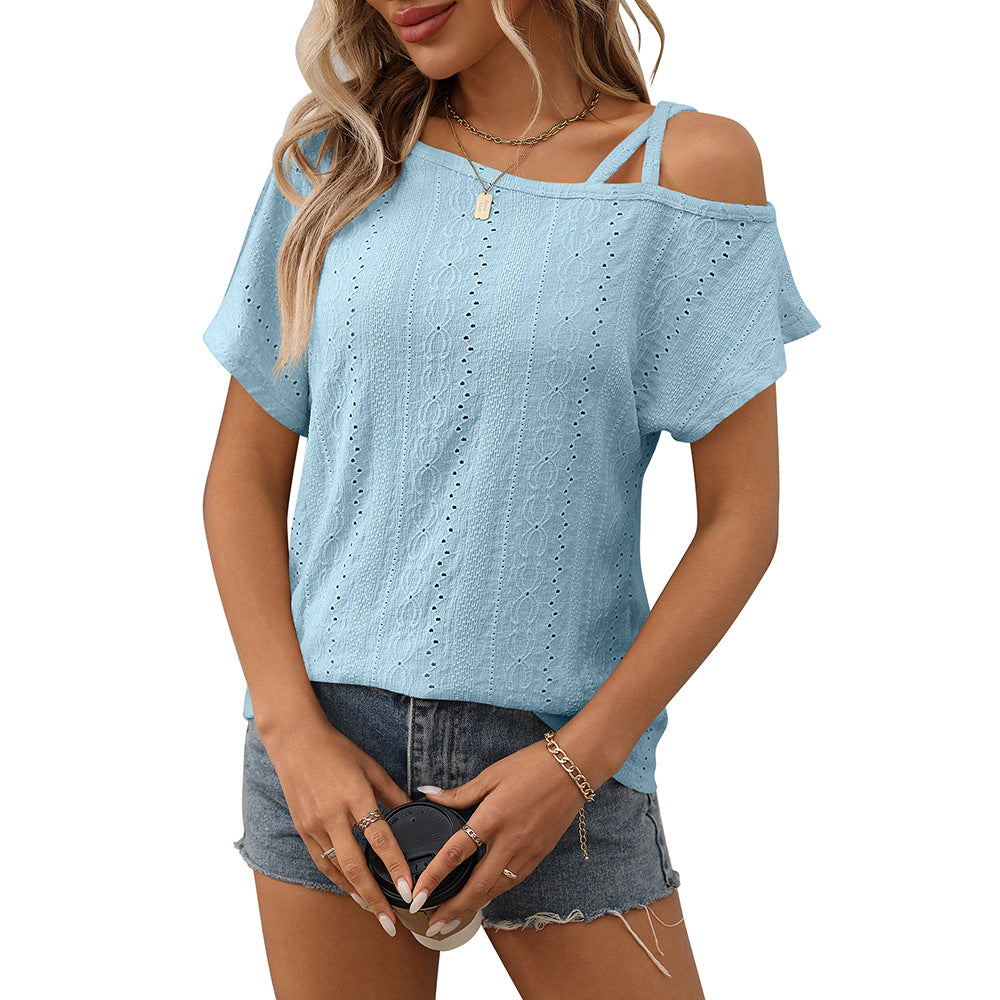 European and American one shoulder short sleeved T-shirt hollowed out top for women eprolo