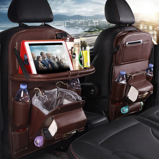 PU Leather Car Storage Bag Multifunction Seat Back Tray Hanging Bag Waterproof Car Organizer Automotive Interior Accessories CJDROPSHIPPING