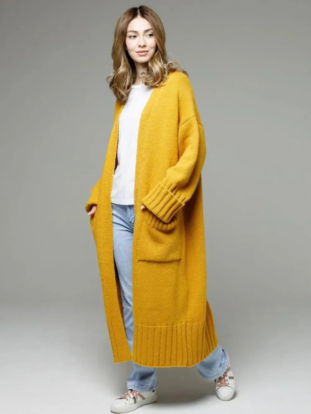 Pocketed Open Front Dropped Shoulder Cardigan eprolo
