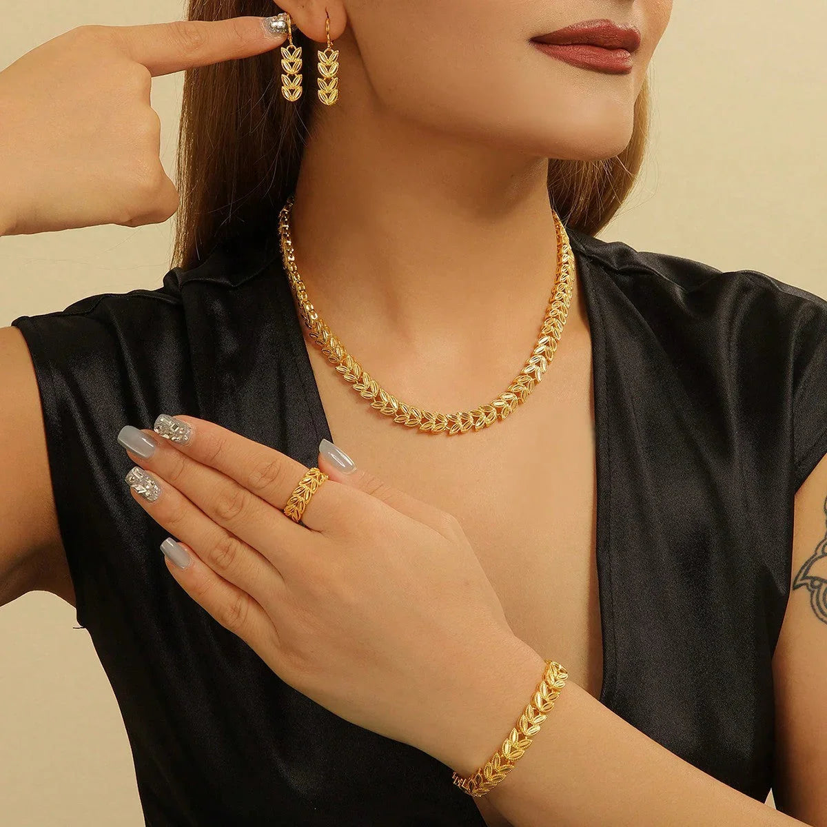 5pcs Retro Elegant 18k Gold Maple Leaf Women's Jewelry Set, Temperament Bridal Jewelry CJDROPSHIPPING