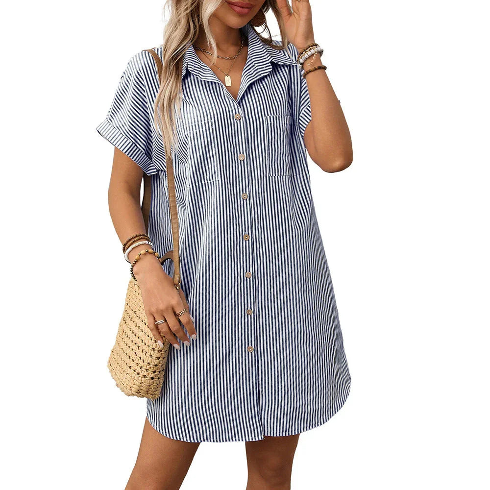 Short sleeved striped dress mid length shirt for women eprolo