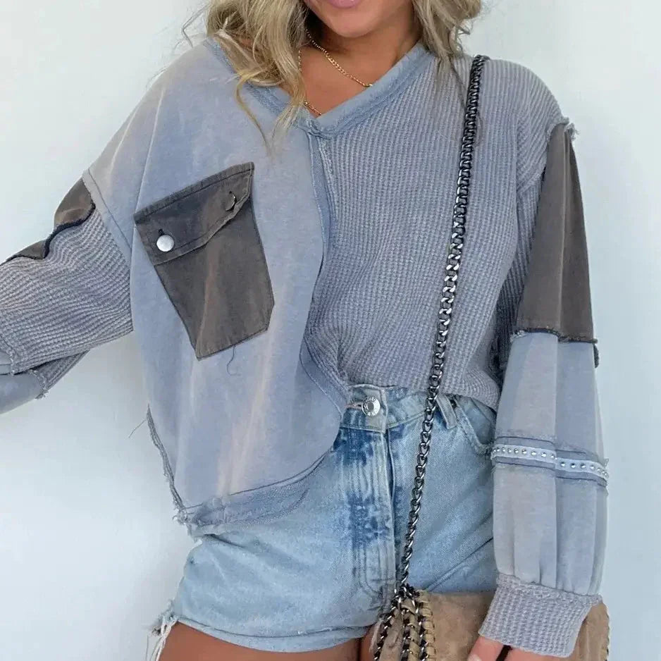 Casual Color Matching Sweater for Women in Denim Style ZENDROP
