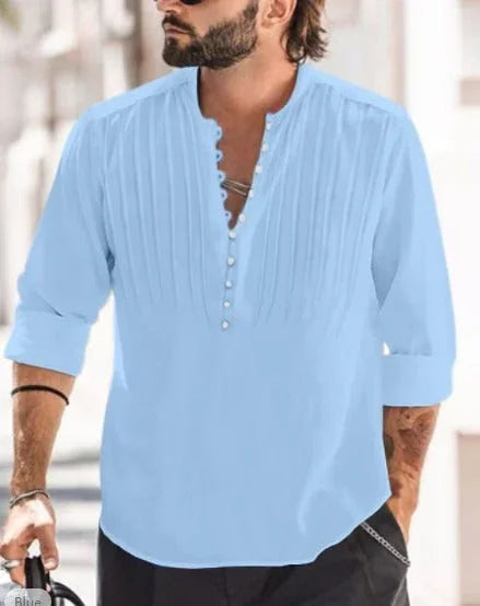 Cotton and Linen Mens Casual Button Round Neck Solid Standing Collar Shirt eprolo
