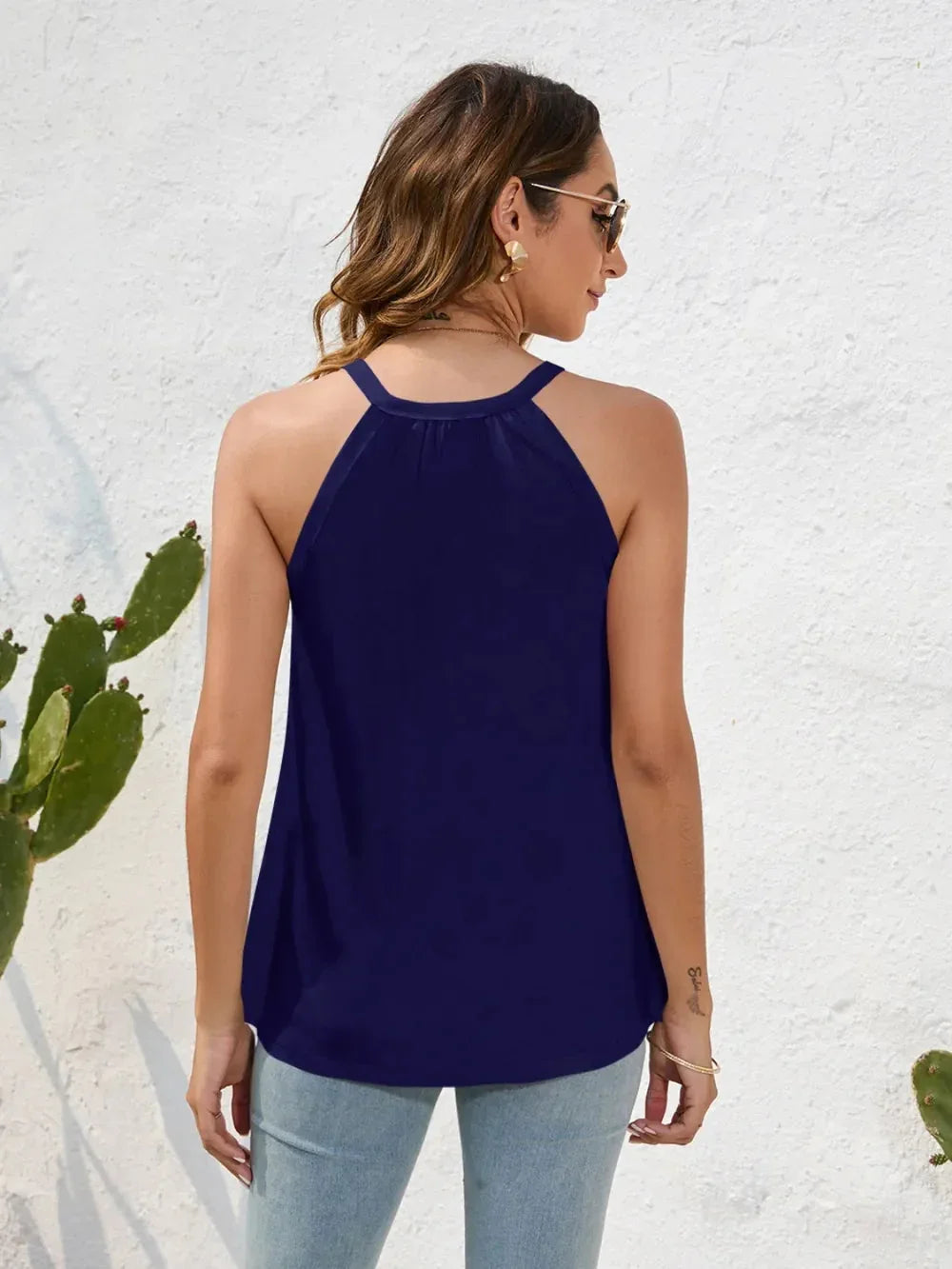 Loose casual T-shirt women's round neck sleeveless commuting lace top eprolo