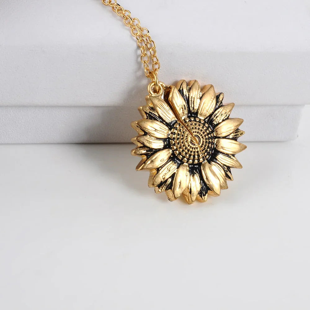 Vintage Sunflower Locket Pendant Necklace Bohemia female Gold Silver Open Engrave letter Necklaces Lover Gift eprolo