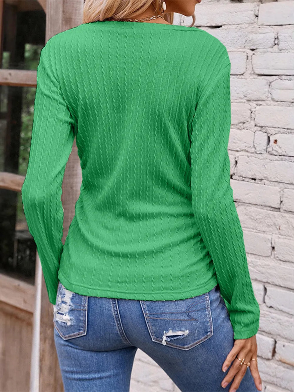 Long sleeved irregular slim fit V-neck solid color knitted women's T-shirt