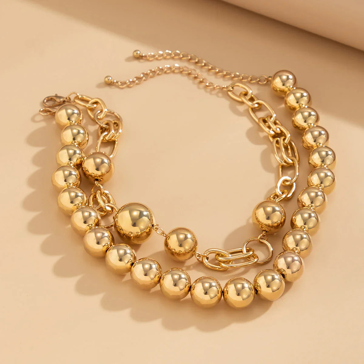 Creative. style round bead double layered necklace necklaces with exaggerated metal chains eprolo