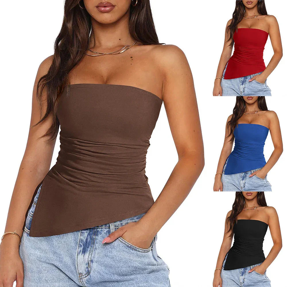 Summer hot girl pleated slit irregular strapless top eprolo