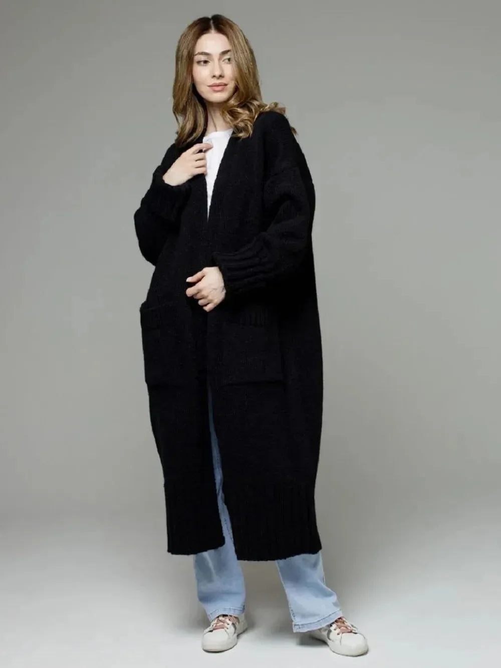 Pocketed Open Front Dropped Shoulder Cardigan eprolo