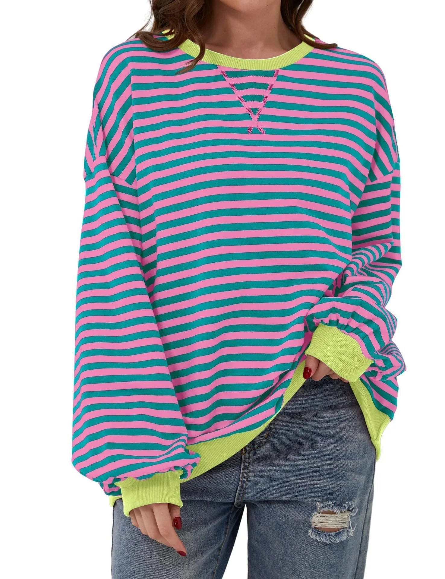 Simple new striped round-neck trendy long-sleeve pullover color-block T-shirt for home and casual wear eprolo
