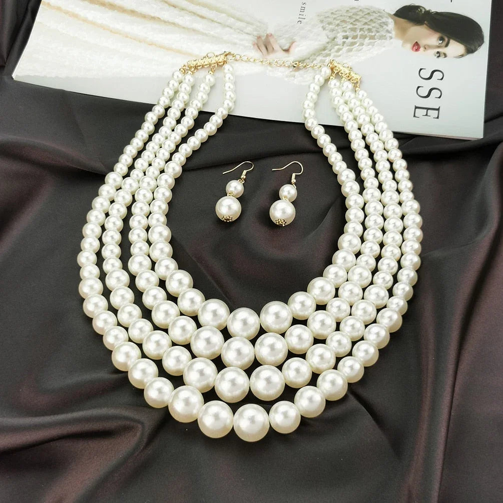 Layered Imitation Pearl Necklaces Sets For Women Handmade Beaded Chain Necklace Earrings Fashion Jewelry Set Charm Accesories eprolo