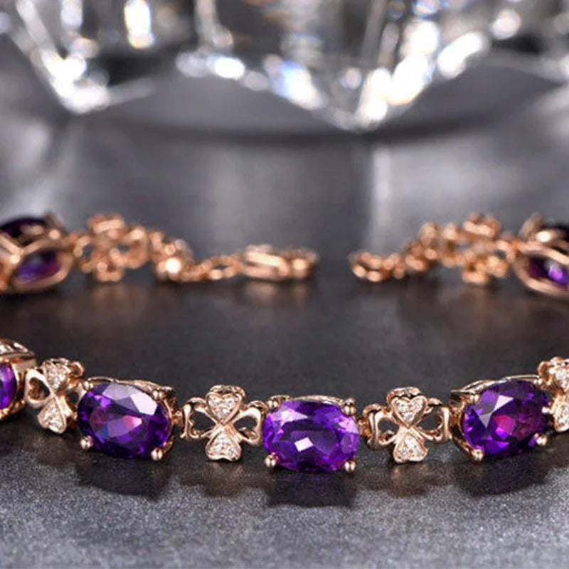 Quality Ear Hook Purple Gemstone Diamond Ring Rose Gold Collarbone Necklace Set CJDROPSHIPPING