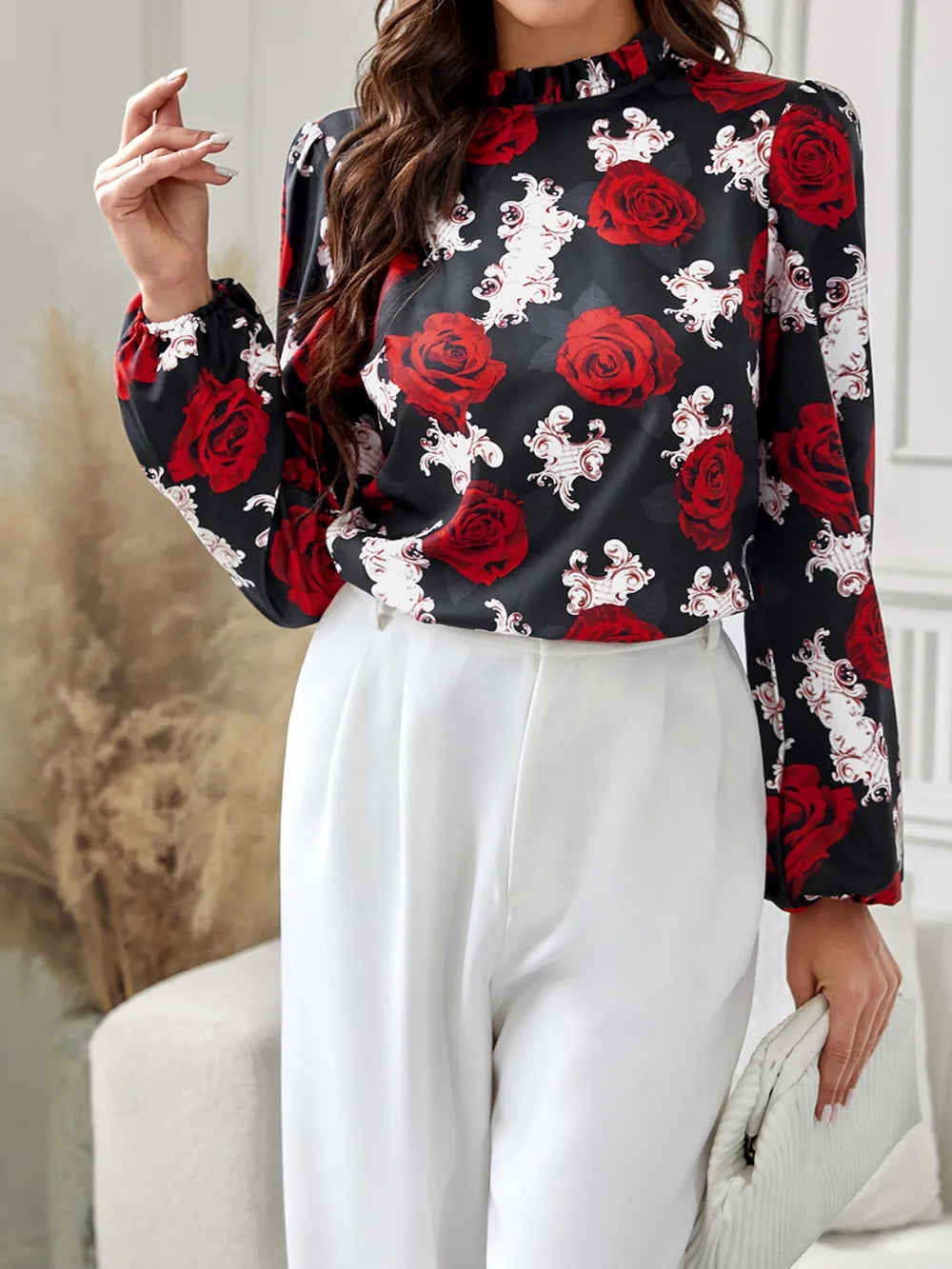 New women's rose printed ruffle collar shirt