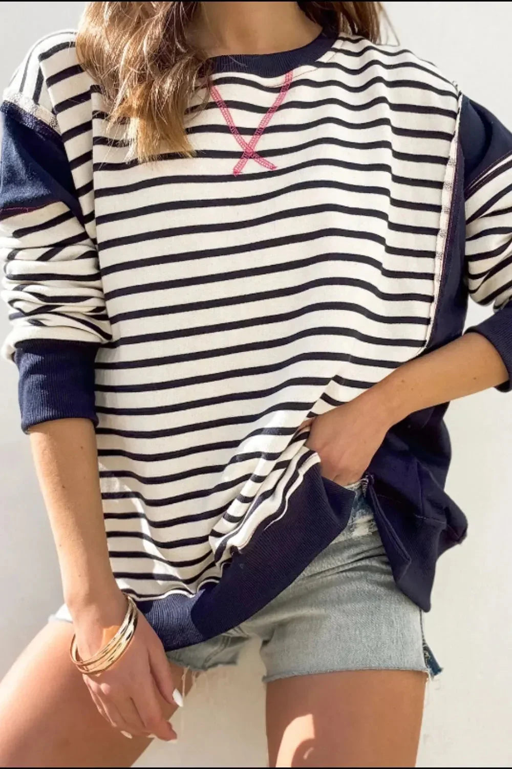 Exposed Seam Striped Long Sleeve Sweatshirt eprolo