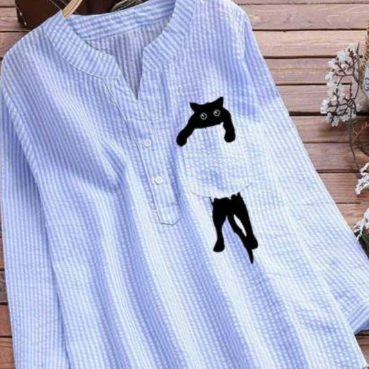 Women's Striped Cotton And Linen Pocket Printed Casual V-neck Long Sleeve Shirt CJDROPSHIPPING