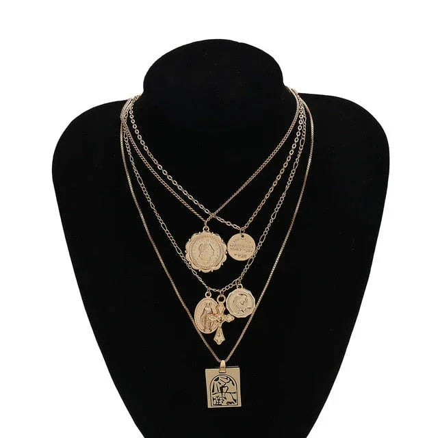 Vintage 4 Set Separable Chain Multi Layer Pendant Choker Necklaces Virgin Mary Jesus Cross Totem Square Jewelry Gift eprolo