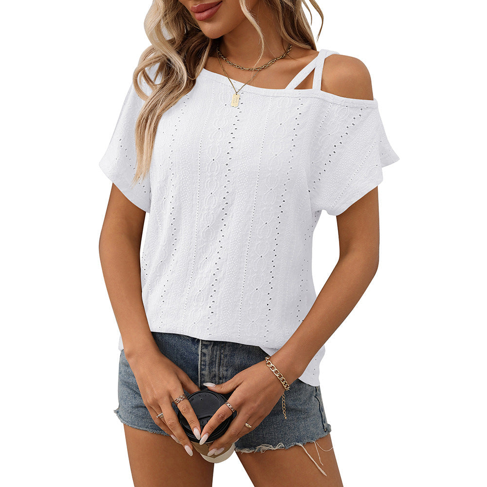 European and American one shoulder short sleeved T-shirt hollowed out top for women eprolo