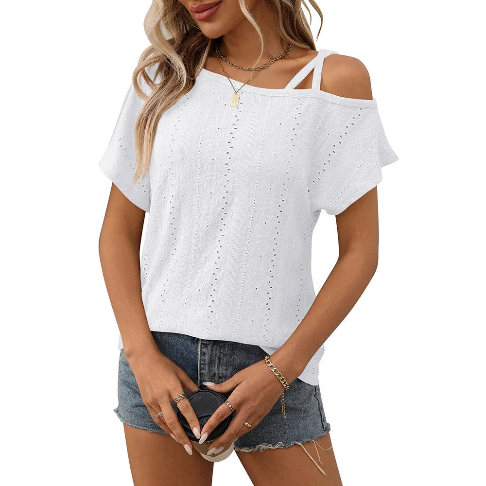 European and American one shoulder short sleeved T-shirt hollowed out top for women eprolo