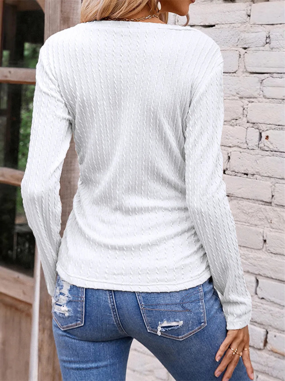 Long sleeved irregular slim fit V-neck solid color knitted women's T-shirt