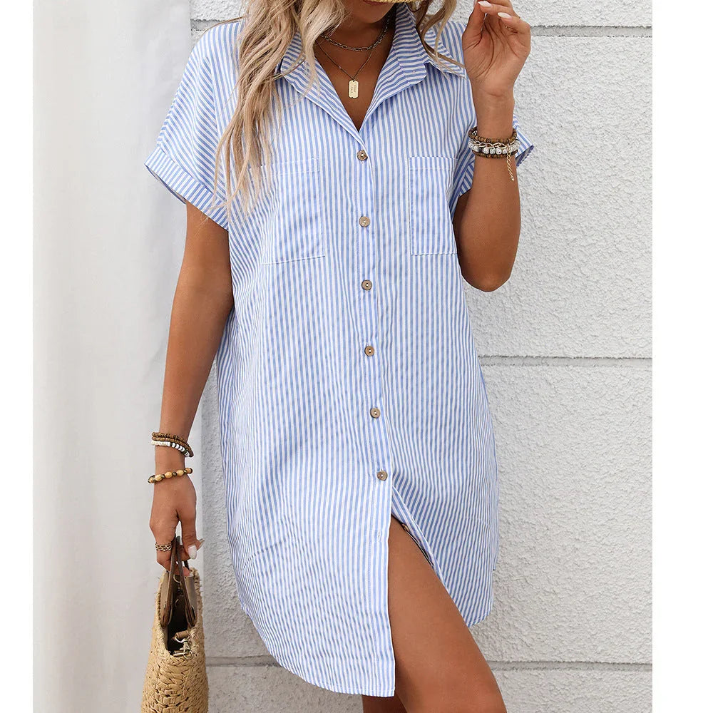 Short sleeved striped dress mid length shirt for women eprolo