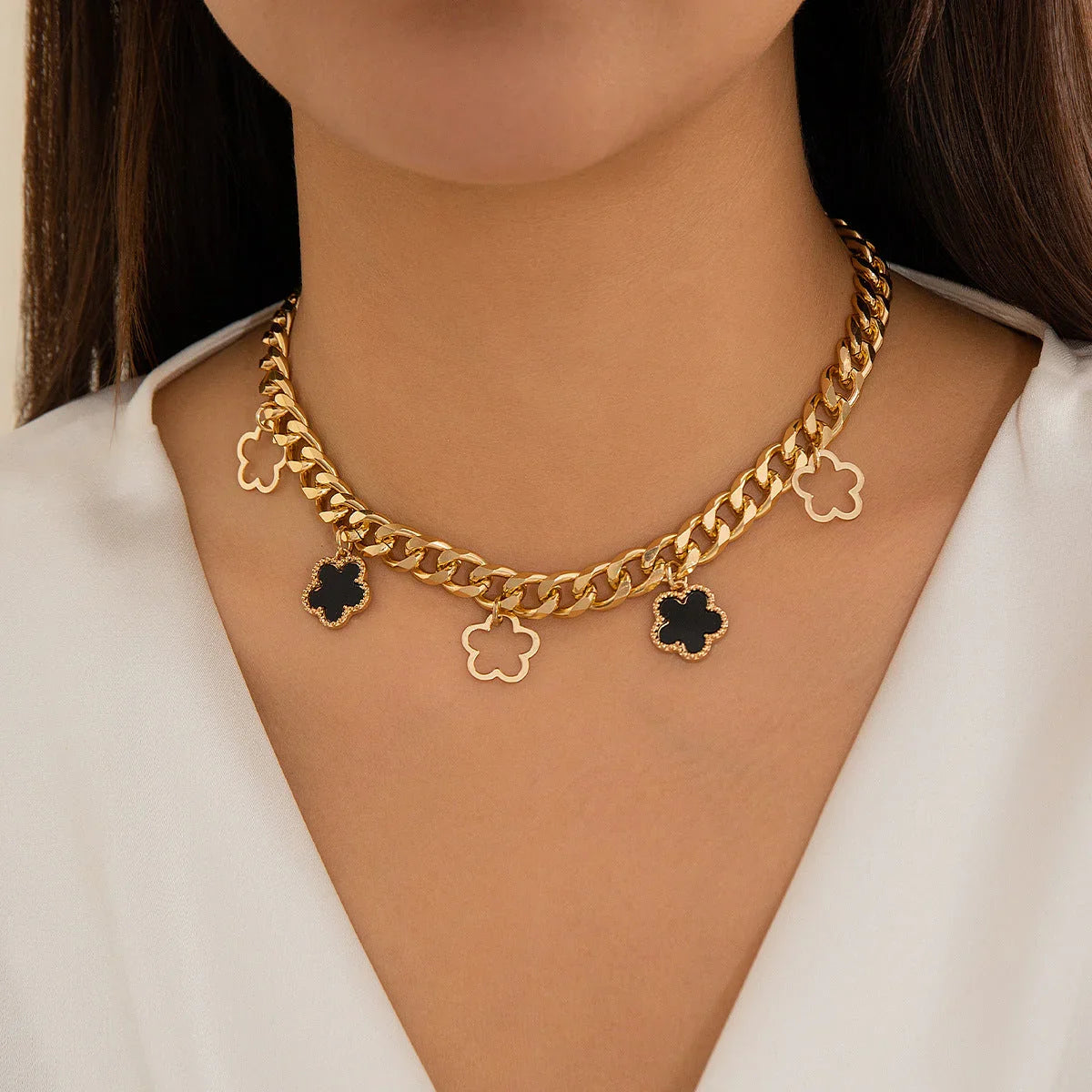 French elegant five leaf clover minimalist style necklace with sweet turquoise patterned flowers necklaces eprolo