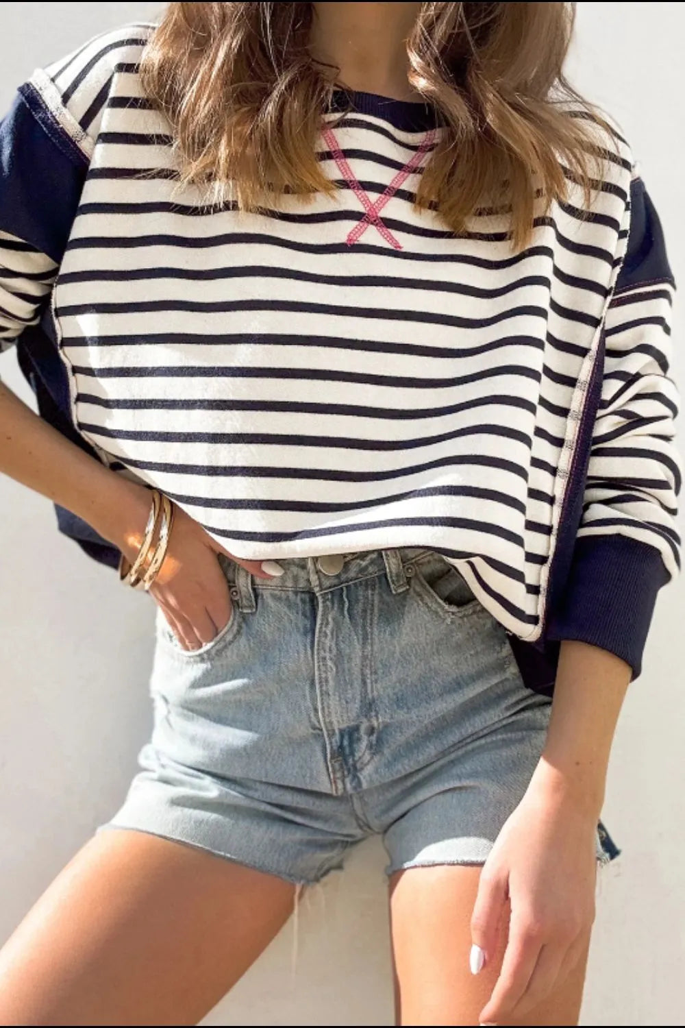 Exposed Seam Striped Long Sleeve Sweatshirt eprolo