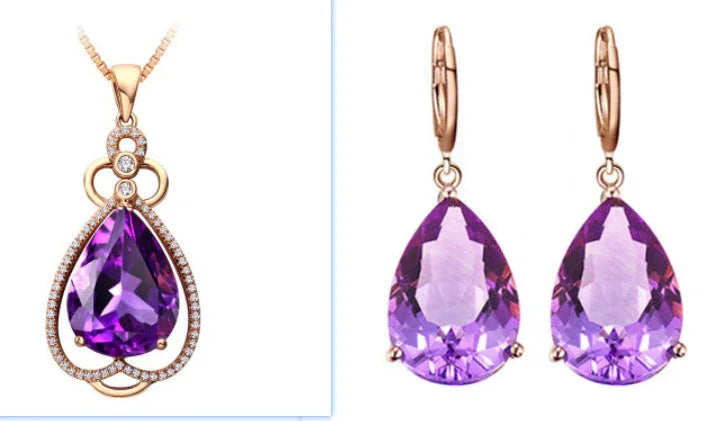 Quality Ear Hook Purple Gemstone Diamond Ring Rose Gold Collarbone Necklace Set CJDROPSHIPPING