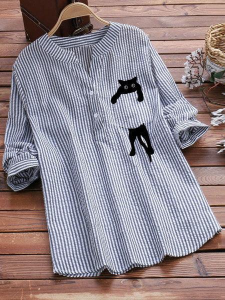 Women's Striped Cotton And Linen Pocket Printed Casual V-neck Long Sleeve Shirt CJDROPSHIPPING