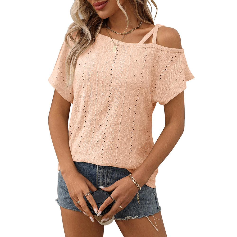 European and American one shoulder short sleeved T-shirt hollowed out top for women eprolo