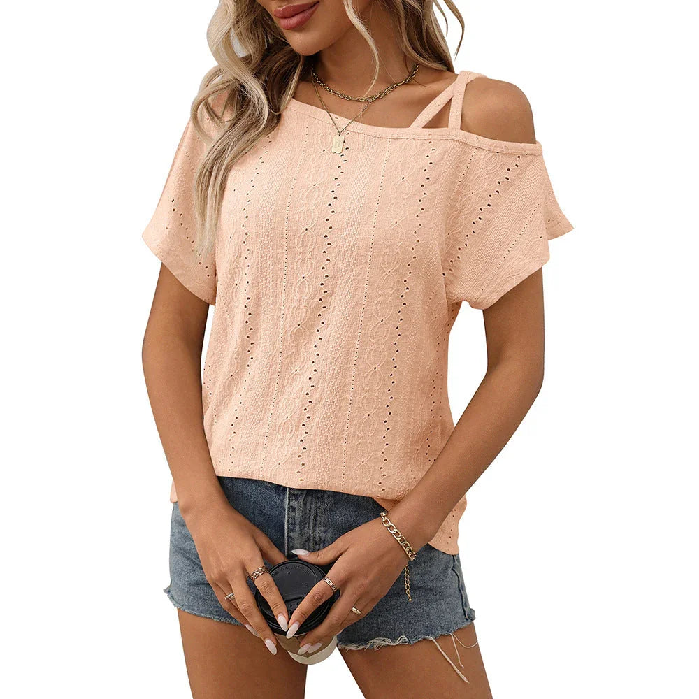 European and American one shoulder short sleeved T-shirt hollowed out top for women eprolo