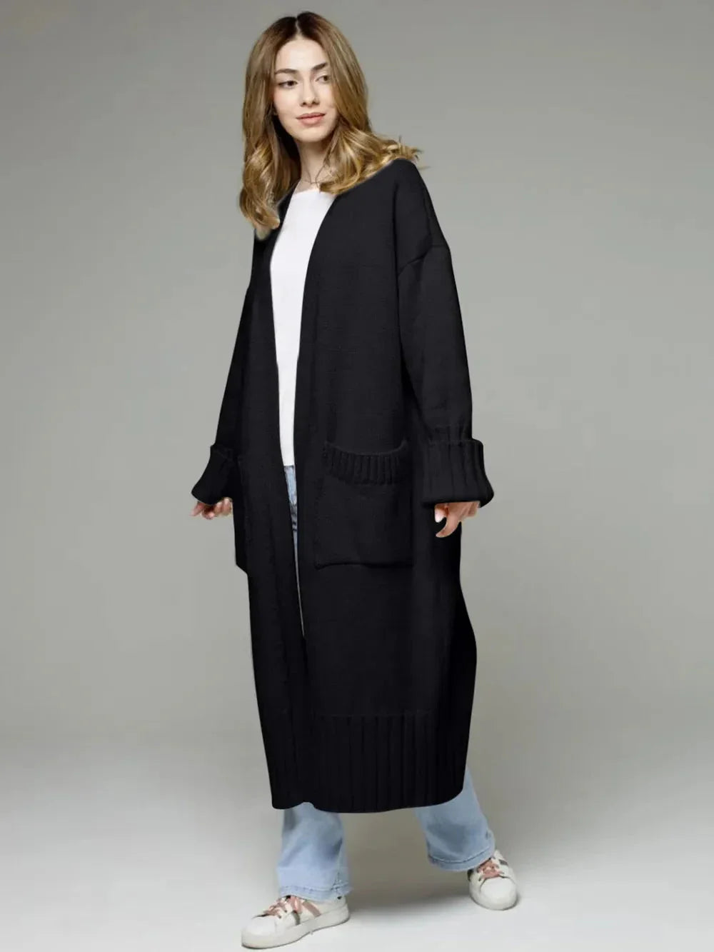 Pocketed Open Front Dropped Shoulder Cardigan eprolo