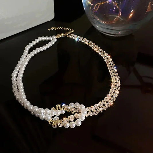 Pearl Crystal Choker Necklaces for Women Short Chain Rhinestone Necklaces Statement Jewelry eprolo