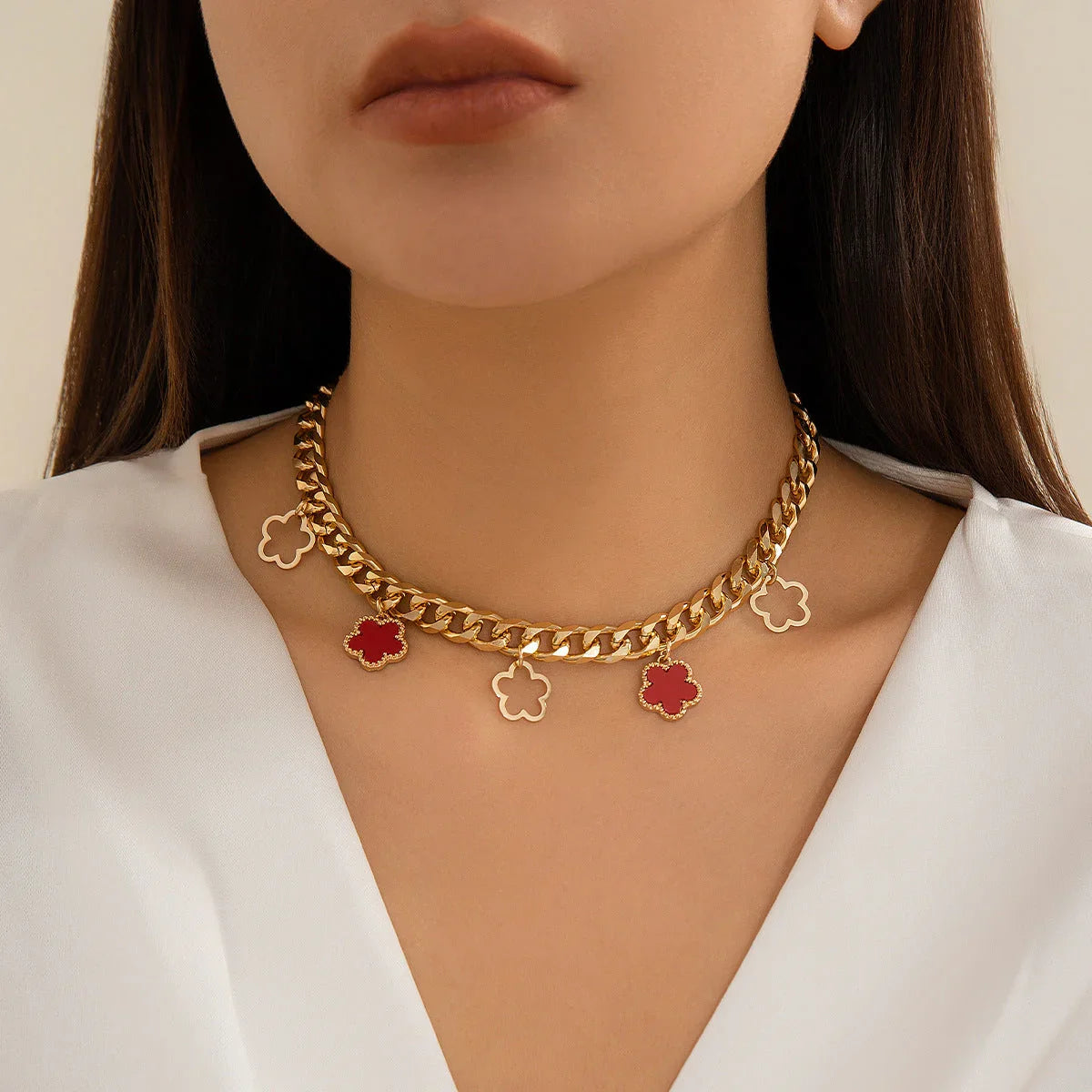 French elegant five leaf clover minimalist style necklace with sweet turquoise patterned flowers necklaces eprolo