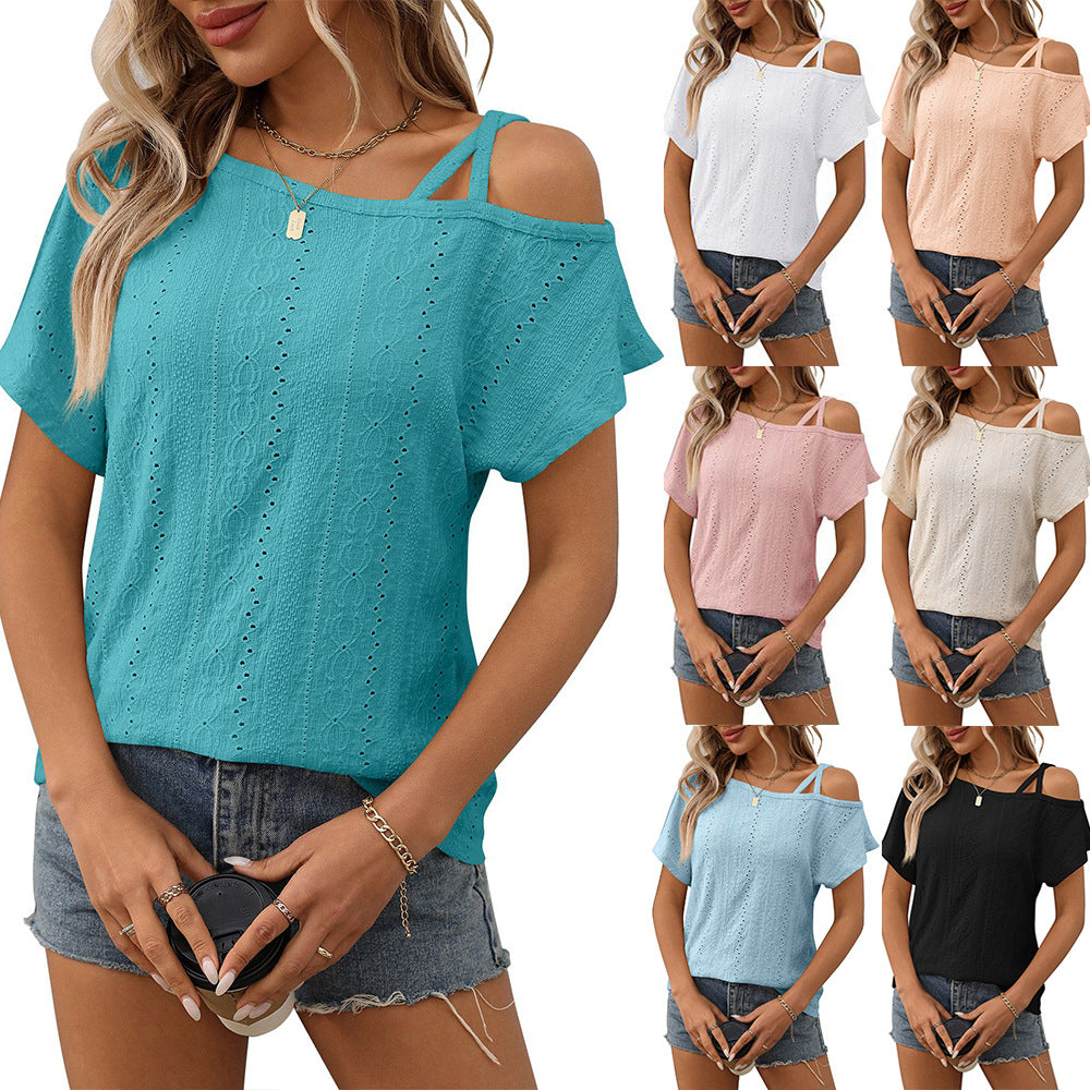 European and American one shoulder short sleeved T-shirt hollowed out top for women eprolo