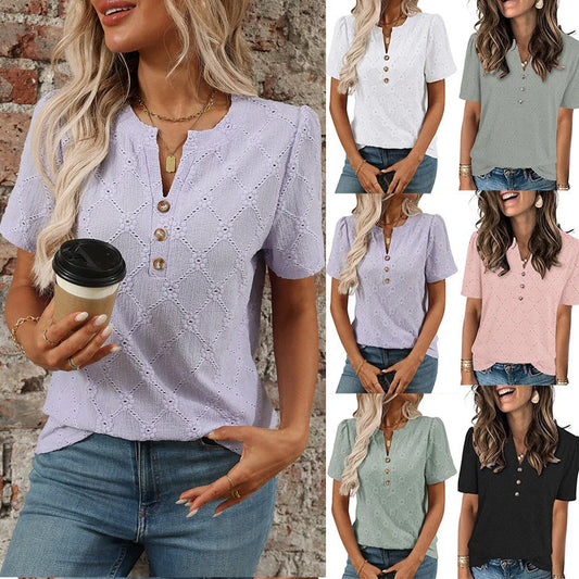 European and American round neck short sleeved flower jacquard top button T-shirt for women eprolo