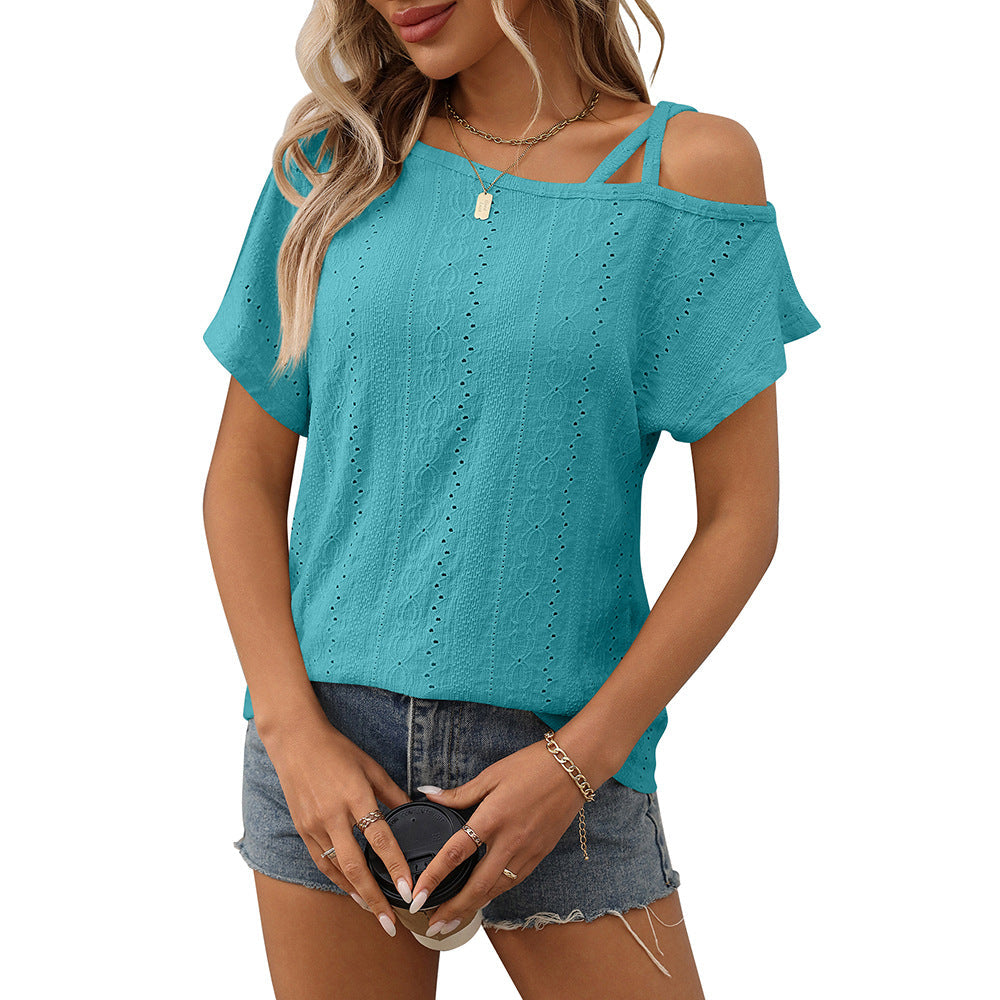 European and American one shoulder short sleeved T-shirt hollowed out top for women eprolo