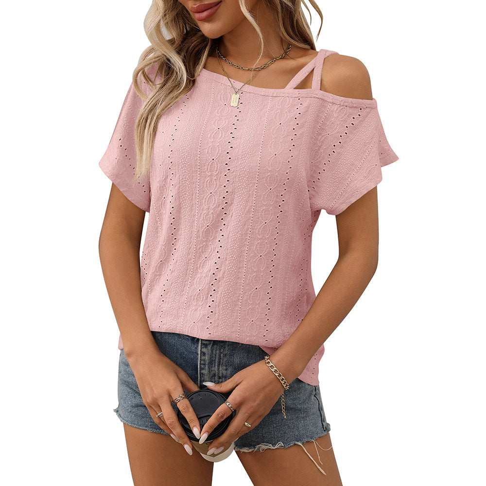 European and American one shoulder short sleeved T-shirt hollowed out top for women eprolo