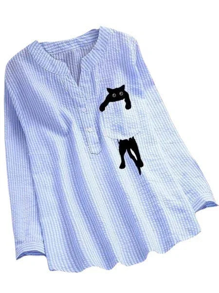 Women's Striped Cotton And Linen Pocket Printed Casual V-neck Long Sleeve Shirt CJDROPSHIPPING