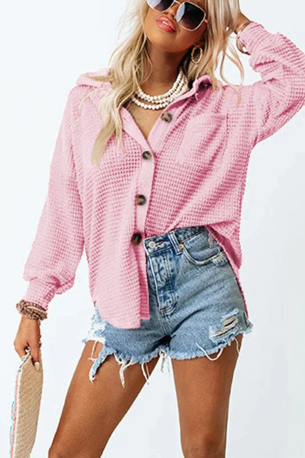 Waffle-Knit Collared Neck Long Sleeve Shirt