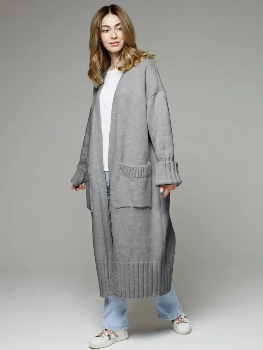 Pocketed Open Front Dropped Shoulder Cardigan eprolo