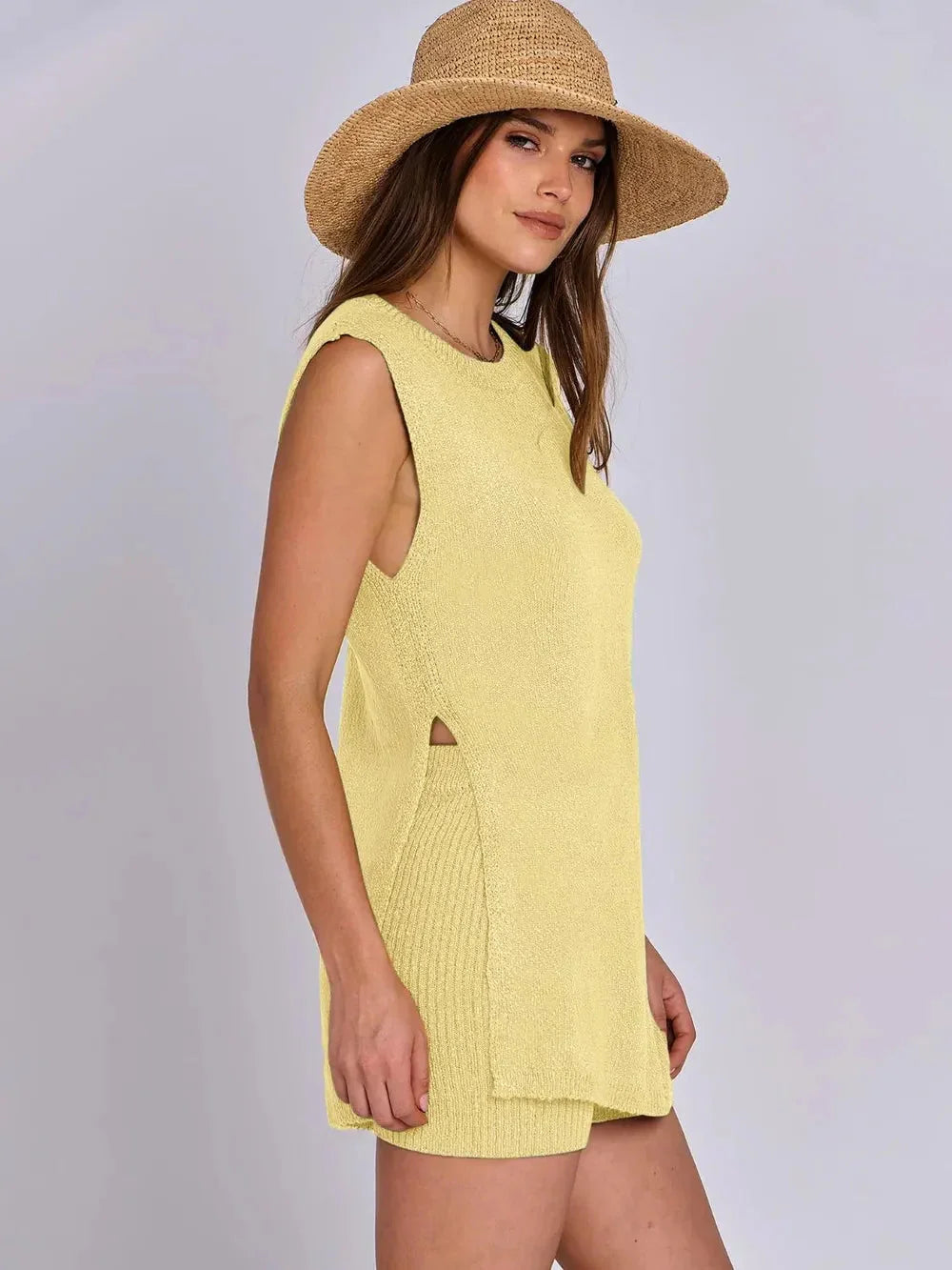 Spring and summer fashion casual knitted sleeveless shorts and woolen clothing set eprolo